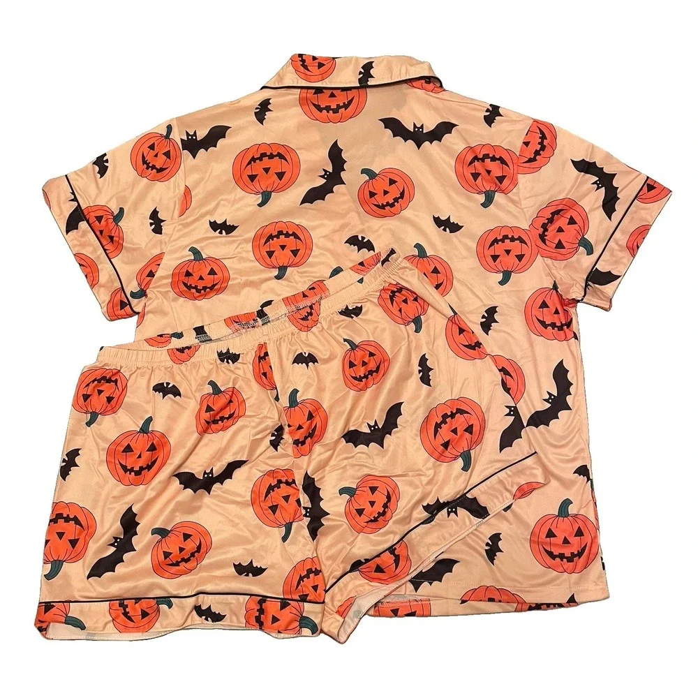 Halloween Pumpkin Bat Pajama Set XXL Shorts Lounge Sleepwear Cute Spooky Orange